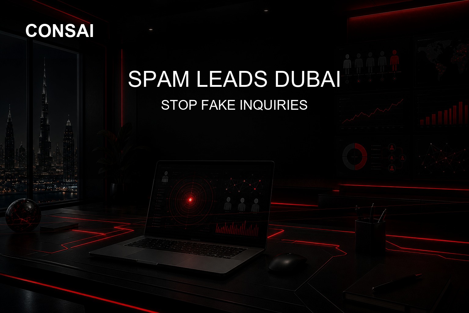 CONSAI black red AI generated featured image for Spam Leads Dubai | Stop Fake Inquiries