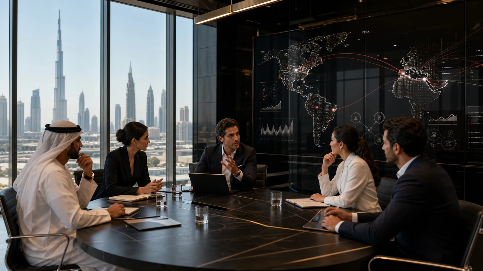 UAE and Latin American executives designing a multilingual digital growth architecture in Dubai
