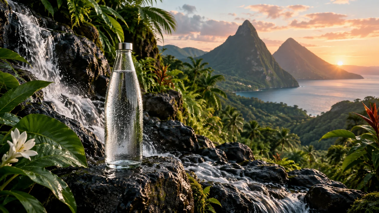 Conceptual Forest Springs spring water artwork with tropical Saint Lucian scenery