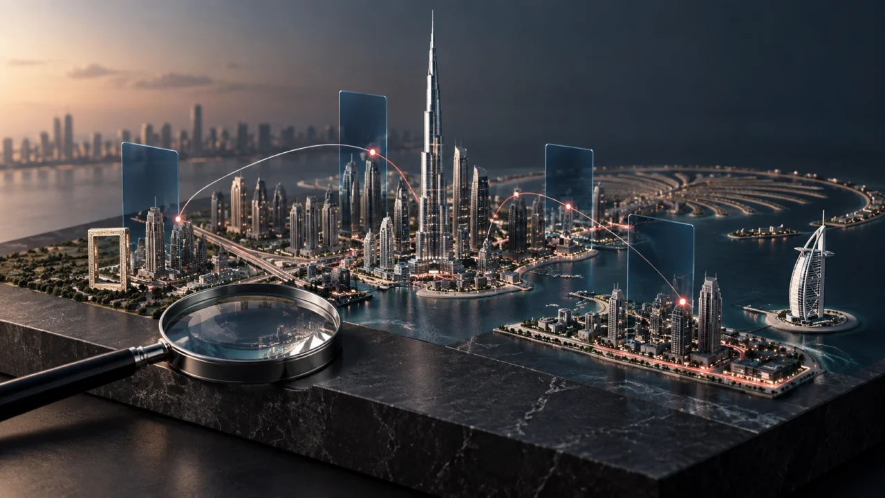 Conceptual Dubai business research network with blue glass data elements and a magnifying lens