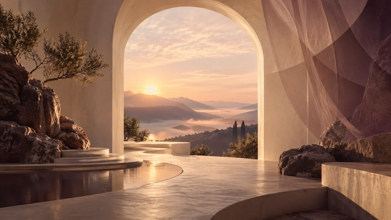 Conceptual mentoring artwork with a warm architectural arch opening towards a quiet sunrise