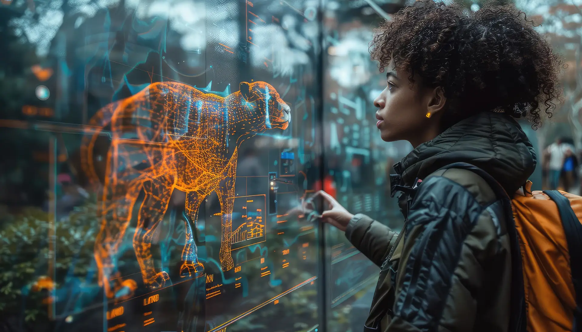 Person interacting with digital animal display.