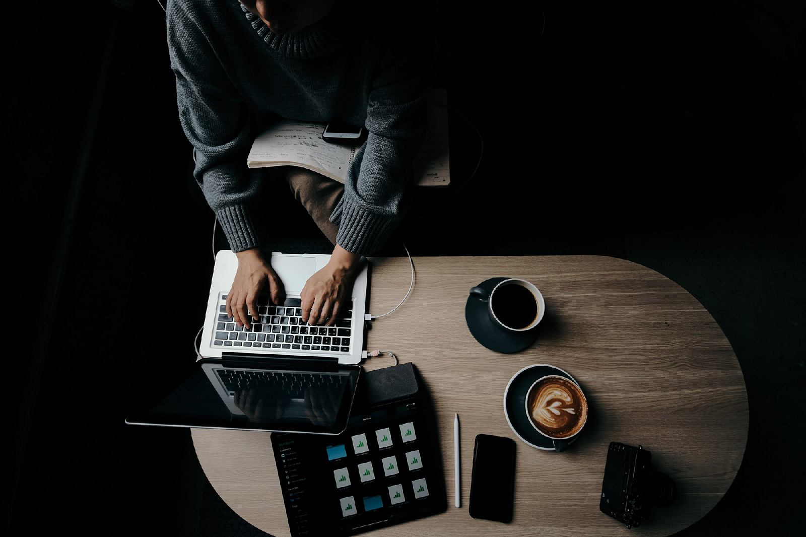 Person working on laptop with coffee